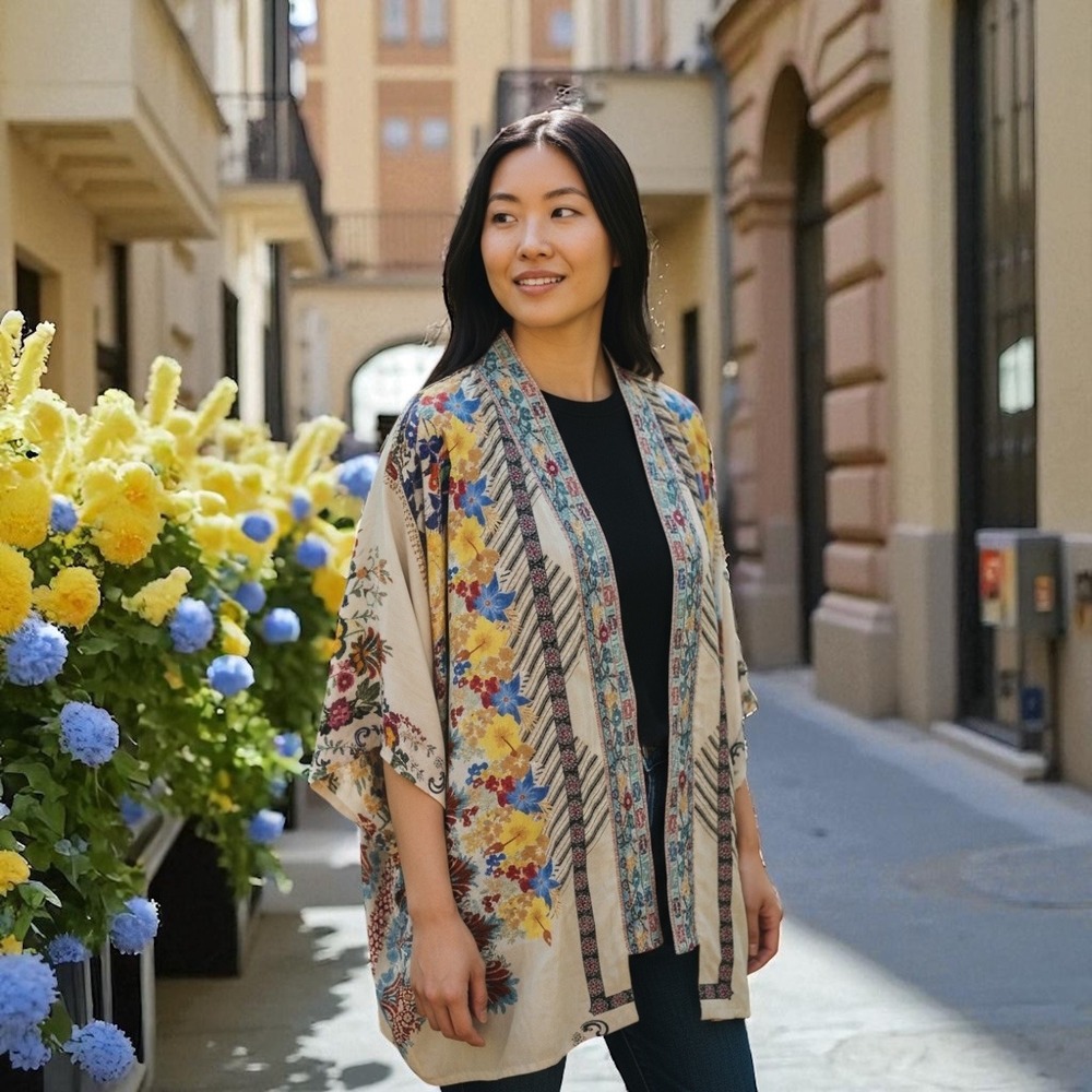 Johnny Was 🌼🪻silk Kimono Cardigan silk embroidered Floral Bohemian‎ duster$525